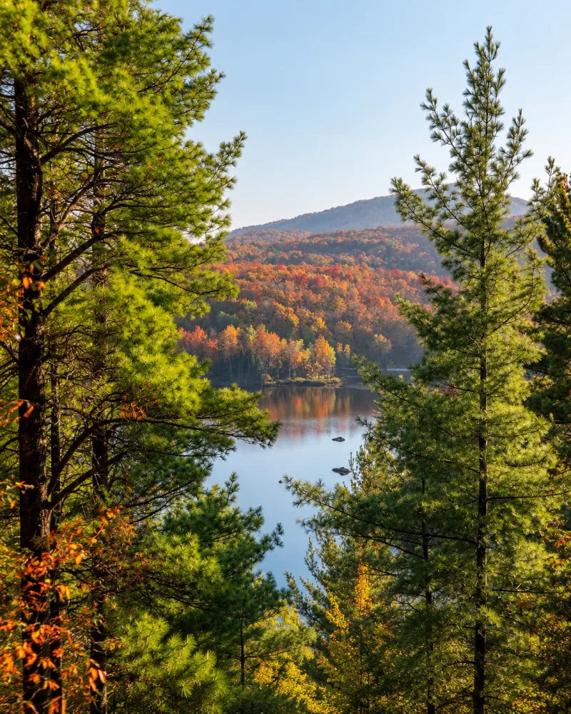Lago e montanhas cobertas pelas cores do outono vistos entre os pinheiros no Parc national du Mont-Orford