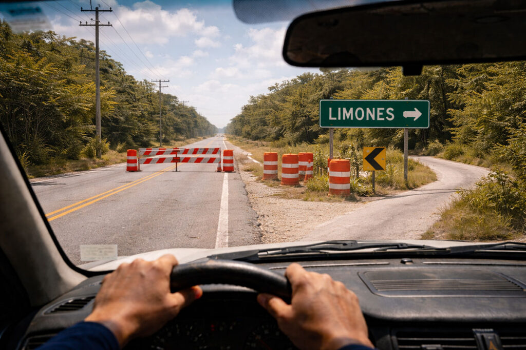 Desvio sugerido pelo GPS na Carretera 307 passando por Limones no México